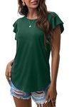 PrinStory Summer Womens Top Casual Short Sleeve T-Shirt Round Neck Ruffle Sleeve Blouse CA Dark Green Medium