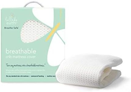 Lullaby Earth Breathe Safe Air Breathable Crib Mattress Pad, Removable Mattress Cover with Waterproof Layer for Baby and Toddler Beds, Standard Crib Size White
