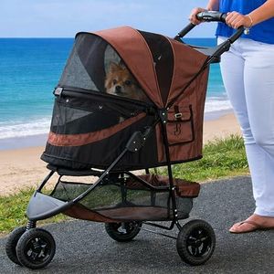 Pet Gear 3 Wheel Pet Stroller for Cats and Dogs, No Zipper, Easy to Fold with One Hand, Removable Liner, Cup Holder, Coffee Bean