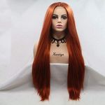 Xiweiya U Part Wig Long Straight Hair Copper Orange Synthetic Wig For Women Long Yaki Hair Lace Front Wigs Red Brown Straight Wigs Heat Resistant Middle Parting Free Wig Cap