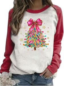 Susongeth Farm Fresh Christmas Trees Baseball Sweatshirt for Women Merry Christmas Splicing Plaid Raglan Pullover Shirts(Red-A, Medium)