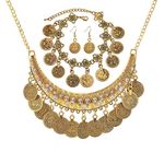 Gypsy Jewelry Set Gold Coins Necklace Earrings Bracelet Boho Necklaces Rhinestone Necklace Coins Dangle Earring for Women Coins Bracelet for Girls Ladies Gifts