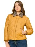 Buynewtrend Stylish Flap and Zipper Design Polyester Quilted Women’s Winter Jacket with Fur Collar (Small, Mustard)