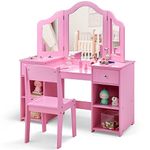 INFANS Kids Vanity, 2 in 1 Princess Makeup Desk & Chair Set with Tri-Folding Detachable Mirror, Storage Shelves, Wooden Dressing Table,Pretend Play Vanity Set for Girls (Pink Upgrade)
