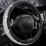 CAR PASS Diamond Black Leather Steering Wheel Cover, with Bling Crystal Rhinestones Universal Fit 14" 1/2-15" Crystal Glitter for Women Sparkle Girl Fit Suvs,Vans,Sedans,Cars,Trucks, Silver Diamond