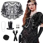 PLULON 10 Pieces 1920s Flapper Great Gatsby Accessories Set Fashion Roaring 20's Theme Set with Headband Headpiece Long Black Gloves Necklace Earrings for Women
