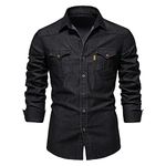 Mens Slim Fit Washed Denim Work Shirts with Chest Pockets Classic Long Sleeve Button Down Lapel Collared Truck Shirts(Black,X-Large)