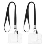 TIESOME ID Card Badge Holders with Lanyards,2Pcs Hard Plastic Name Tag Holders Credit Card Protector with Thumb Slot Clear ID Card Holder with Detachable Neck Lanyard Transparent Card Case(horizontal)