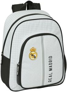 Safta REAL MADRID 1ª EQUIPACIÓN 24/25 - Mochila Infantil, Ideal para Niños de Diferentes Edades, Cómoda y Versátil, Calidad y Resistencia, 28x10x34 mm, Color Blanco/gris