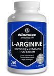 L-Arginine Capsules, Highly Concentrated, 360 Tablets with Vital Formula B6, B12 + Folic Acid + Selenium and Piperine, Organic & Natural Supplement without Additives