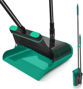 JEHONN Broom and Dust Pan, Upgraded Large Foldable Dustpan with Comb Teeth, 136 cm Long Handle Swivel Brush Indoor for Home Kitchen Lobby Floor Cleaning (Green)