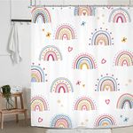 Cinbloo Boho Rainbow Girls Shower Curtain Cartoon Cute Lovely Colorful Bathroom Curtain Set Love Heart Stars Kids Nursery Bath Curtain Cloth Fabric Bathroom Accessories Decor with 12 Hooks 60Wx72H