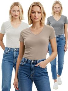 Emmalise Women's Plain Short Sleeve V Neck T Shirt(3P-Oat/Hgry/Taupe-3X)