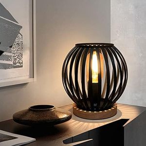 HHMTAKA Metal Cage LED Bedside Table Lamp Wooden Base Desk Lamp 22cm High Decorative Bedside Lamp with Edison Bulb for Bedroom Living Room Guest Room Weddings Parties Patio(Circle Shape)