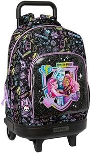 Safta MONSTER HIGH - Mochila Grande con Ruedas, Compacta, Extraíble, Ideal para Niños de Diferentes Edades, Cómoda y Versátil, Calidad y Resistencia, 33x22x45 cm, Color Negro
