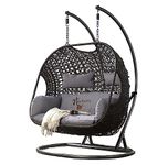 Hindoro Wrought Iron Rattan Wicker Outdoor Patio Furniture Double Seater Swing for Adults & Kids with Stand and Cushion, Black