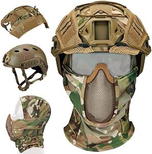 Guayma Airsoft Tactical Fast Helmet with Mesh Mask Headgear, PJ Type Paintbal Helmet with NVG Mount for CS Game,Tan,Medium