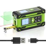 Huepar 4-in-1 Laser Digital Tape Measure with Level & Dual HD Display, 200Ft/60M Rechargeable Laser Measurement & 33Ft Green Cross Line Laser & 10Ft Tape, 6 Units, for Area/Volume/Pythagorean/Leveling