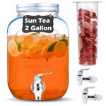 2 Gallon Drink Dispenser Sun Tea Glass Jar for Outside Beverage Dispensers, 2 Press-Spigots(Easy for kids) Glass Drink Dispensers for Parties,Jarras Para Aguas Frescas Lemonade Dispenser