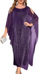 ZOMVA Plus Size Elegant Chiffon Dress Long Cape Overlay Wedding Guest Formal Cocktail Mother of Bride Outfit, Sparkly Purple, XX-Large Plus