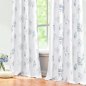Blue and Grey Curtains 96 Inches Long for Bedroom 2 Panels Grommet Darkening Beautiful Minimalist Serene Flower Print Thermal Insulated 80% Blackout Extra Long Curtains for Living Room 96 Inch Length