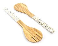 Jungle Culture® Large Bamboo Salad Servers • Natural Wood Tongs with White Terrazzo Style Handles • Fruit & Wooden Salad Bowl Tableware • Eco Friendly Serving Utensils • Spoon & Fork Cutlery Set