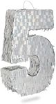 BLUE PANDA Small Holographic Silver Foil Number 5 Pinata for Kids Birthday Party Decorations (15.7x9x3 in)