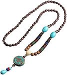 Boho Wooden Beaded Necklaces Vintage Handmade Nepal Mala Wood Beads Meditation Prayer Necklace Ethnic Fish Horn Long Statement Necklace for Women Girl Jewelry-round blue