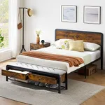 Alkmaar Queen Size Platform Bed Frame with Upholstered Ottoman 2 Storage Drawers and Headboard, Safe Rounded Corners & Strong Metal Slats Support, Mattress Foundation, No Box Spring Needed, Brown