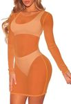 HUUSA Women's Sheer Cover Up Dress Sexy Swimwear Mesh Bikini Long Sleeve See Through Resort Wear 2024 Trendy, Orange, Medium