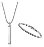 YADOCA Men's Bar Pendant Necklace Stainless Steel Necklace and Bracelets for Men Women 3mm Snake Chain Necklace and Snake Chain Bracelet Set Length 55cm Silver/Black