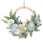 Wood Bead Floral Wreath Boho Farmhouse Decor Artificial Flower Eucalyptus Wreath for Front Door Windows Wall Hanging Room Decor (Blue)