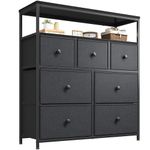 EnHomee Chest of Drawers Bedroom, 2 Tier Wooden Shelf with 7 Fabric Drawers, Dresser Easy to Assemble, Tall Chest of Drawers for Closet, Nursery, Living Room, Black Grey