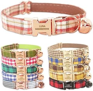 PETDURO Handmade Personalized Plaid Cat Collars with Bell & Name Engraved Metal Buckle Customized for Cute Girl and Boy Cats - Matching Bow Tie Available (S, Orange Brown Plaid Rose Gold Buckle)