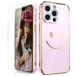 Compatible with iPhone 13 Pro Case with Tempered Glass Screen Protector, Wink Smile Face Phone Case, [Drop Resistant] Shockproof Protective Slim Silicone Phone Cover for iPhone 13 Pro 6.1inch (Purple)