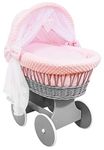 Hooded Wicker Wheel Baby Moses Basket Bassinet Crib with Full Cotton Bedding Set Liner Cover and Mattress - Dimple Grey/Pink