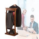 GOUOLSO Clothes Valet Stand for Men and women, Freestanding Floor Standing Suit Hanger Rack with Front Trouser Rack Non-slip Rubber Sleeve, for Crease-Free Suit Coat Stand Storage - Wooden