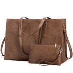 LOVEVOOK 17.3-inch Laptop Bag for Women, Vintage Leather Large Capacity Travel Tote Bag with Clutch Purse 2PCs Set, Professional Business Computer Work Bag, Shoulder Briefcase for Office Lady, Brown