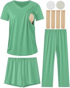 DANSHOW 5 Piece V Neck Maternity Nursing Pajamas Set Postpartum Pjs Breastfeeding Sleepwear, Nursing Breast Pads & Socks (HY237701-35-XL) Grass Green