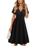 VOTEPRETTY Women's Short Sleeve V Neck Wrap Summer Dress Midi Casual Floral Sundress with Pockets(Black,XL)