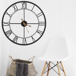 Geevon Large Black Metal Wall Clock for Living Room Decor, Silent Non-Ticking Analog Wall Clock Battery Operated, Rustic Metal Wall Clock for Bedroom, Kitchen, Office - Roman Numerals, 60CM