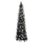 5FT Black Pop Up Christmas Tree, Collapsible Artificial Christmas Tree Tinsel Pencil Halloween Tree with Light (90 LED) Halloween Decorations for Home Holiday Fireplace Party Indoor Outdoor