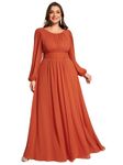 Ever-Pretty Women's Round Neck Long Lantern Sleeves Chiffon Pleated Long Evening Gown Plus Size Formal Dress 0106B-DA, Burnt Orange, 24