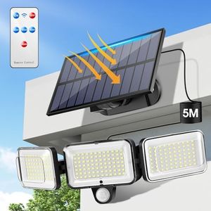 Faretto Led da Esterno Solare con Sensore di Movimento[224LED/4Modes], 3 Teste 300° Luce Solare LED Esterno, IP65 Faretti Solari a LED da Esterno,Telecomando Lampada Solare da Esterno Garage Giardino