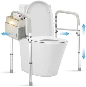 Toilet Safety Rails for Seniors - Adjustable Height & Width Toilet Safety Frame with Storage Pouch & Night Light, Heavy Duty 300LB Foldable Bathroom Handles for Elderly, Disabled Fits All Toilets