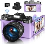 Digital Camera for Photography, 4K 48MP Vlogging Camera for YouTube with WiFi, 3-inch 180-degree Flip Screen, 16X Digital Zoom, 52mm Wide Angle & Macro Lens, 32GB TF Card and 2 Batteries(Purple)