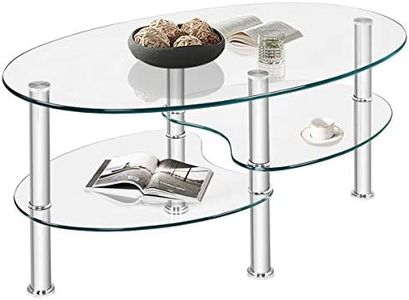 LIFEZEAL Mesa de Centro Ovalado de Cristal, Mesa de café de idrio Templado con 3 Niveles de Almacenamiento, Mueble Transparente para salón, Oficina (Transparente)