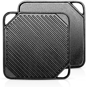 1-Piece 10.6 inch Cast Iron Griddle Plate | Reversible Square Cast Iron Grill Pan for Single burner| Double Sided Used on Open Fire & in Oven | Pre-Seasoned |Versatile Baking Cast Iron Grill