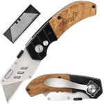 Vickay Box Cutter Utility Knife Heavy Duty with 5 SK5 Quick Change Blades, Safety Axis Lock Design Razor Knife, Lightweight Wood Handle Belt Clip for Office (Black + Wood)