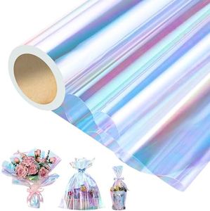 woric Iridescent Cellophane Wrap for Gift Baskets 82 Ft X 17 In Cellophane Wrap Roll Gift Basket Wrapping Plastic for Basket Treats Flower Birthday Gifts DIY Crafts (Iridescent Blue)